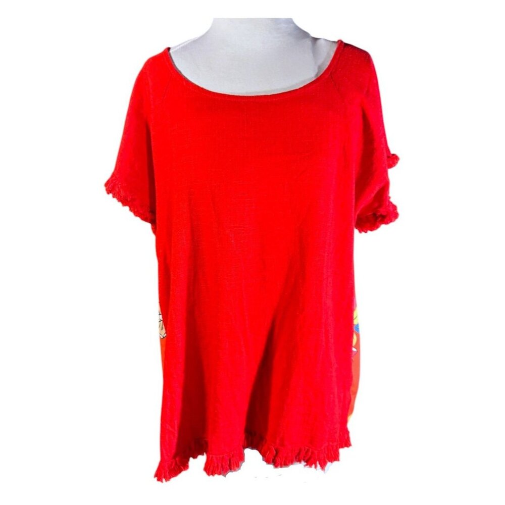 Womens Red Floral Tunic Top By Umgee Size M Short Fringe Sleeves Lightweight Cot